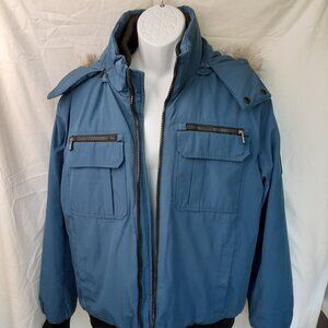 Calvin Klein Men's Large Blue Arctic Bomber Winter Coat with Detachable Hood